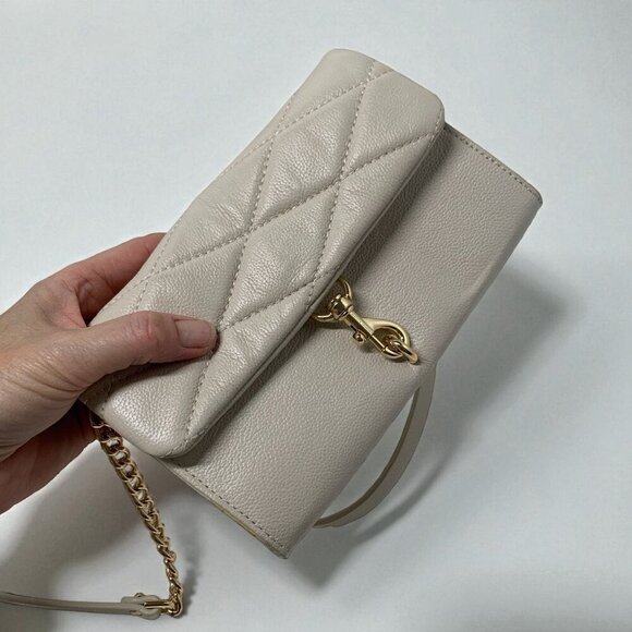 Rebecca Minkoff Quilted Edie Leather Crossbody Bag Convertible Strap Beige/Gold - Picture 10 of 12